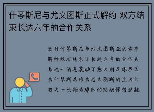 什琴斯尼与尤文图斯正式解约 双方结束长达六年的合作关系